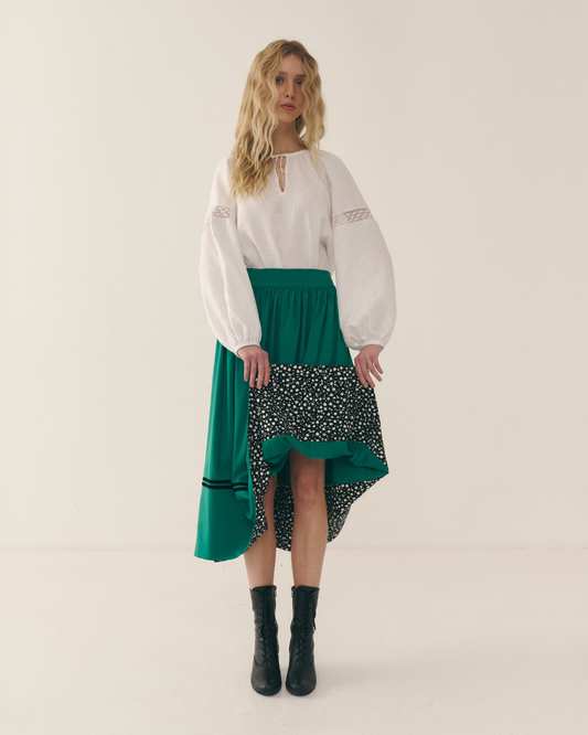Українська спідниця до вишиванки зелена з підбоєм - {МАЛЬВИ}