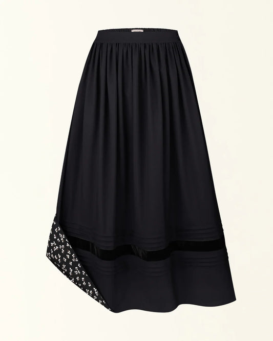 Traditional black Ukrainian skirt with gathered waist and floral embroidered hem accent