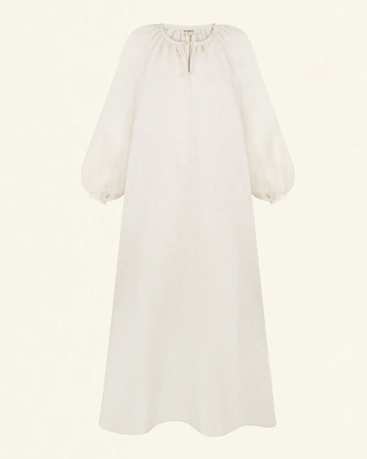 Traditional Ukrainian white linen dress with balloon sleeves and gathered neckline