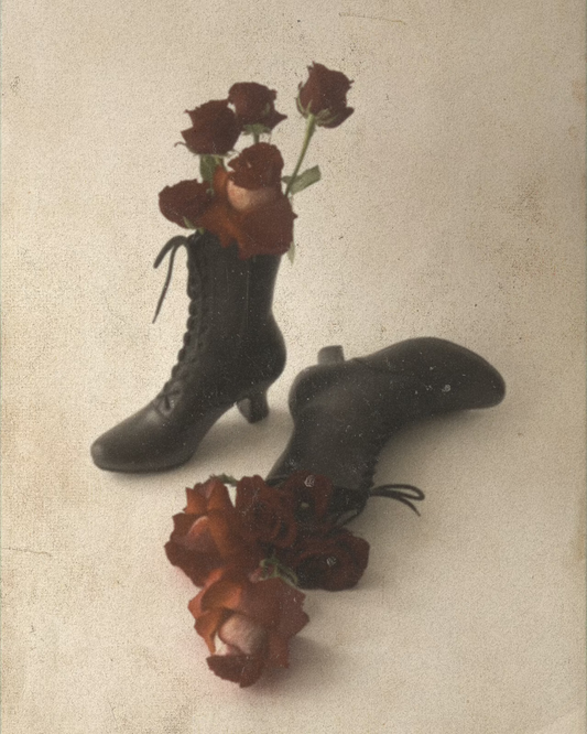 Vintage black lace-up boots filled with red roses, rustic floral still life